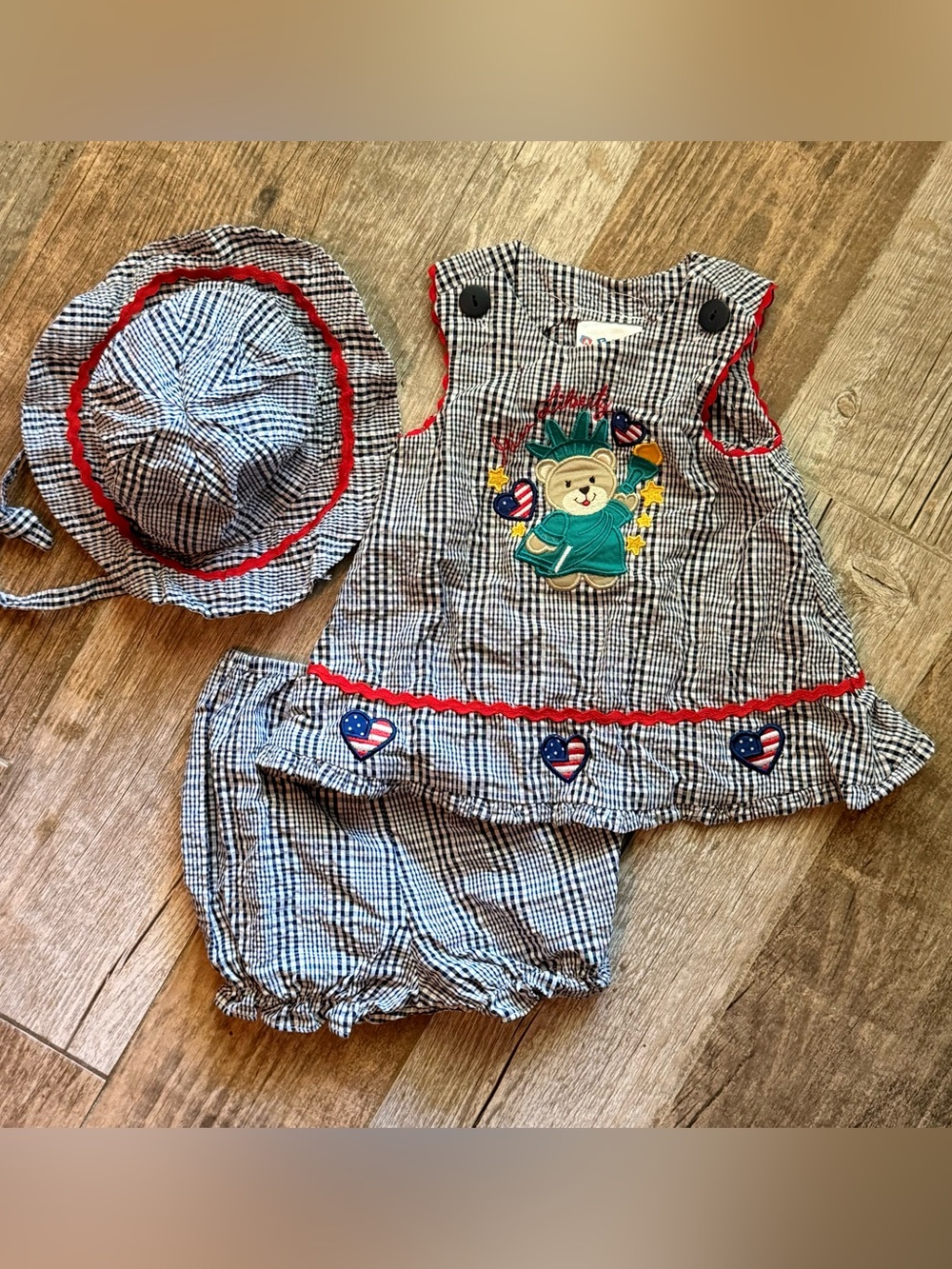 Vintage Alexis patriotic infant dress, shorts and hat embroidery seer sucker 6/9